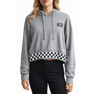 Vans Cropped Hoodie Grey Checkerboard Hem Streetwear Sweatshirt Size M